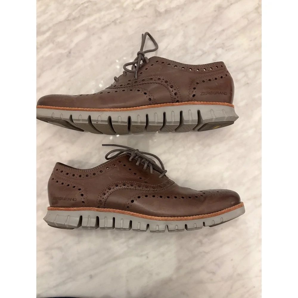 Cole Haan Zerogrand Wingtip Oxfords Brown Leather Brogue Gray Sole Men 9.5M Shoe
